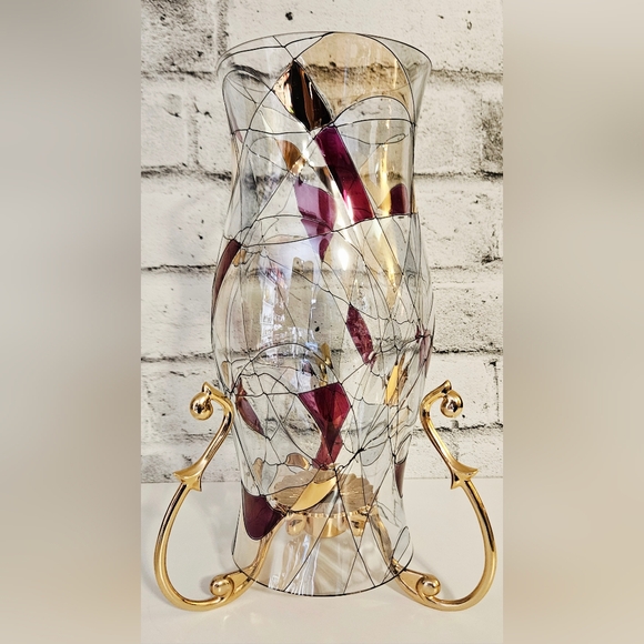 PartyLite Gold Hurricane Candle Holder & Art Glass Shade Abstract Swirl - Picture 3 of 13